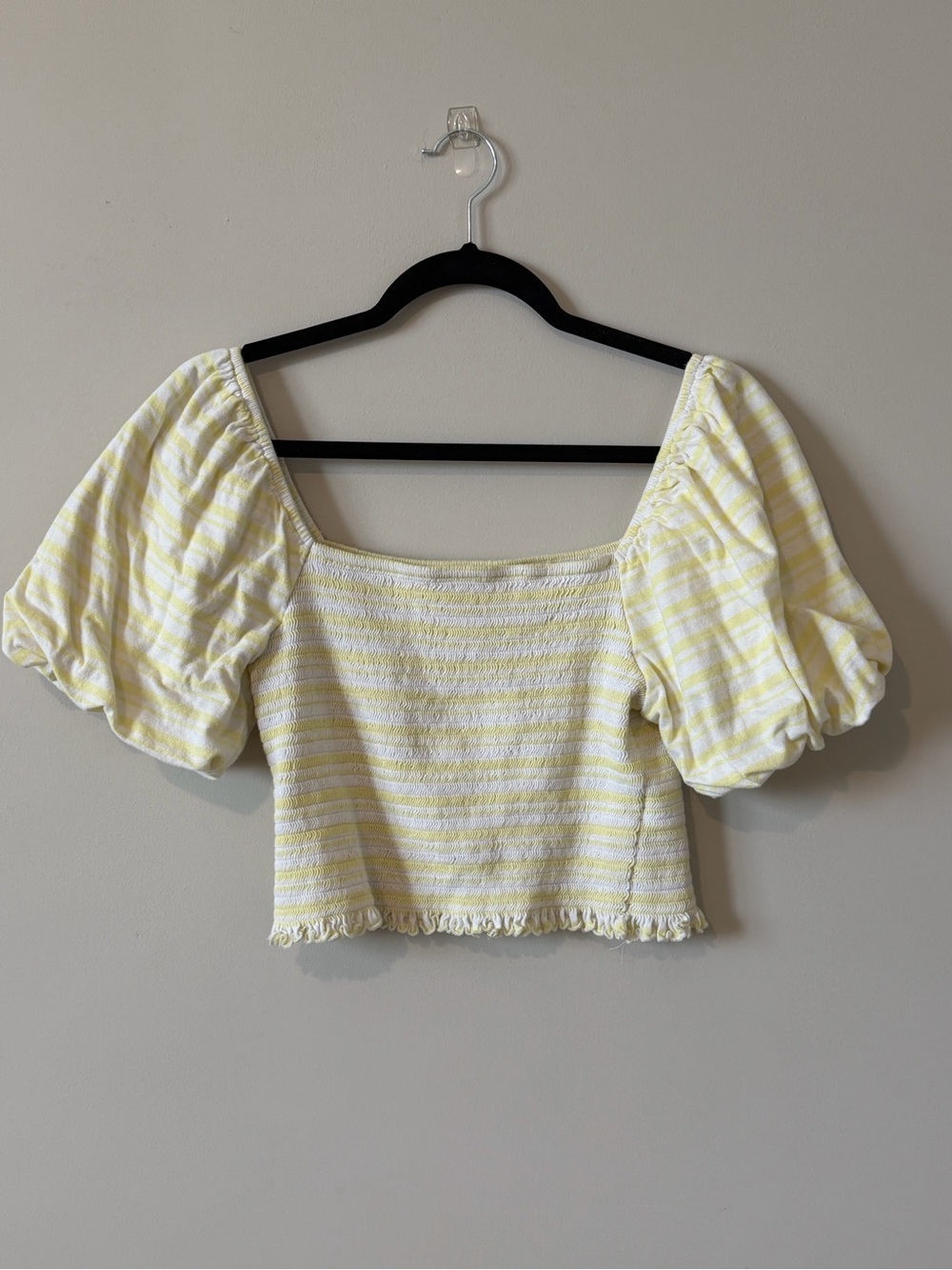 Copper Key Yellow & White Striped Puff Sleeve Cropped Top